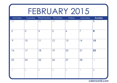 Printable Feb 2015 Calendar